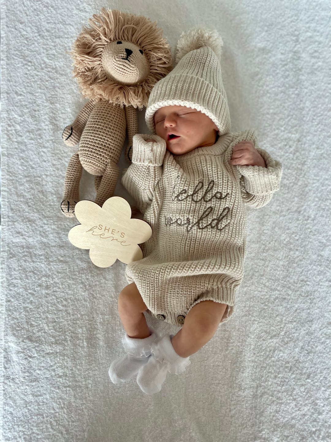 Hello World Knit Newborn Romper & Beanie Set