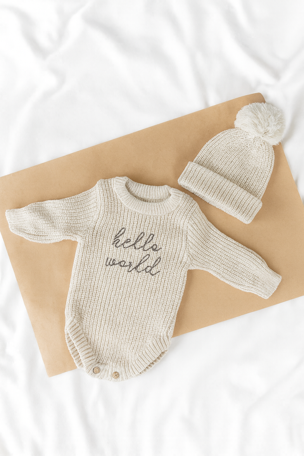Hello World Knit Newborn Romper & Beanie Set