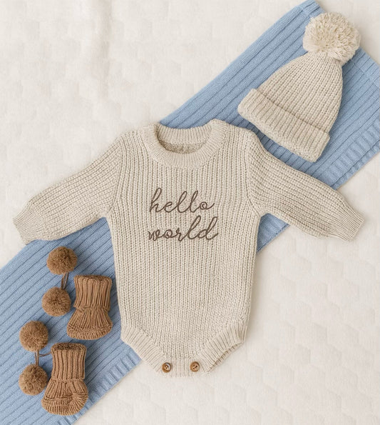 Hello World Knit Newborn Romper & Beanie Set