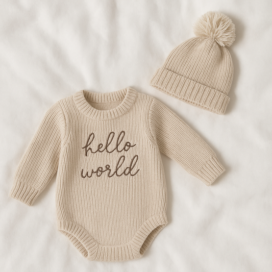 Hello World Knit Newborn Romper, Beanie & Booties Set